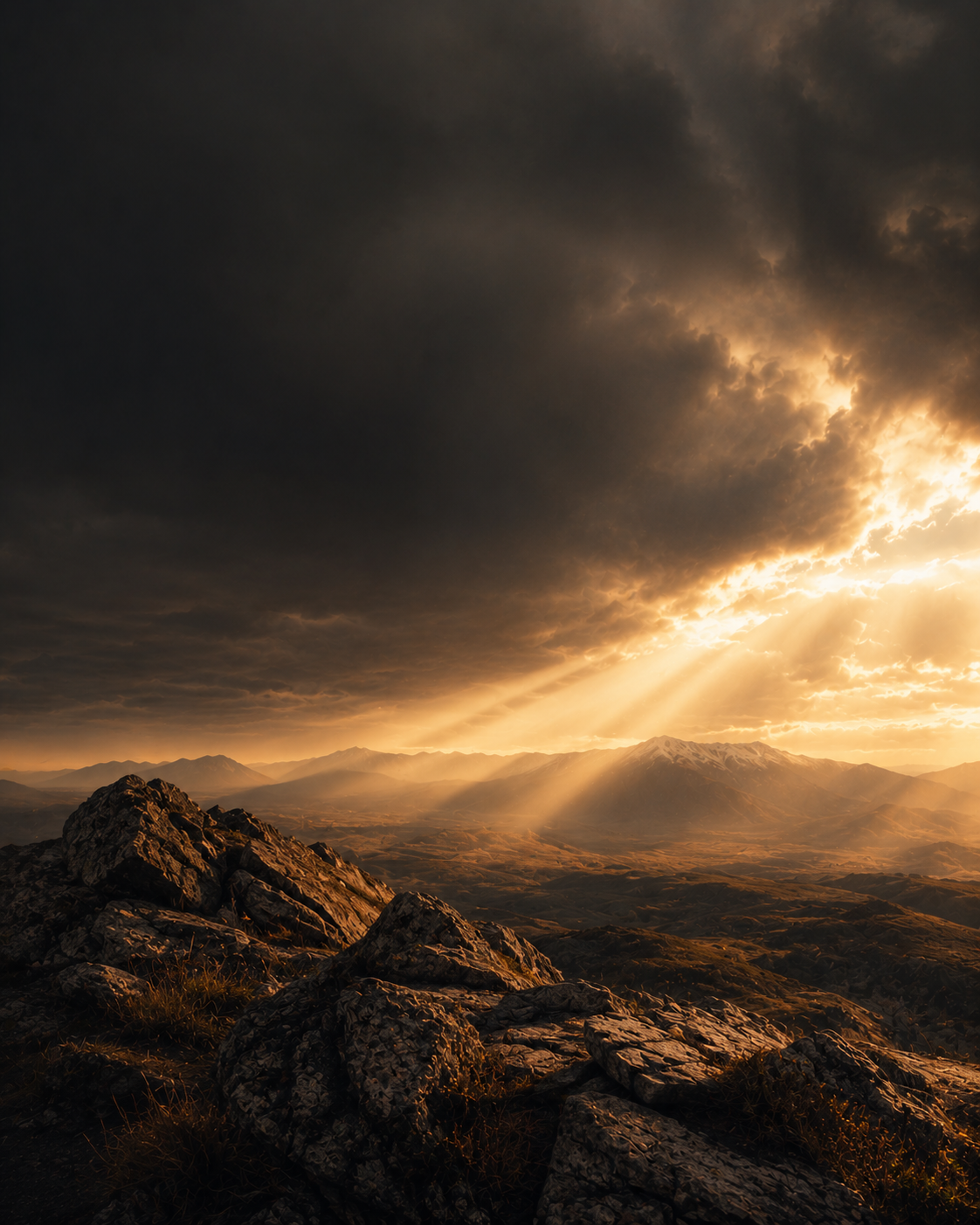 Berge unter dramatischem Himmel und goldenem Licht