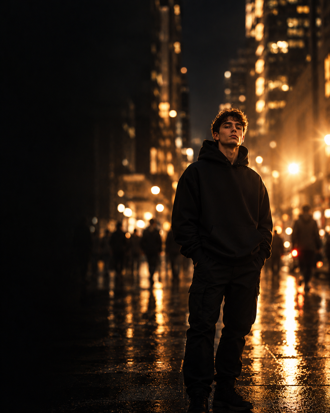 Junger Mann in schwarzem Hoodie in einer nächtlichen Stadt