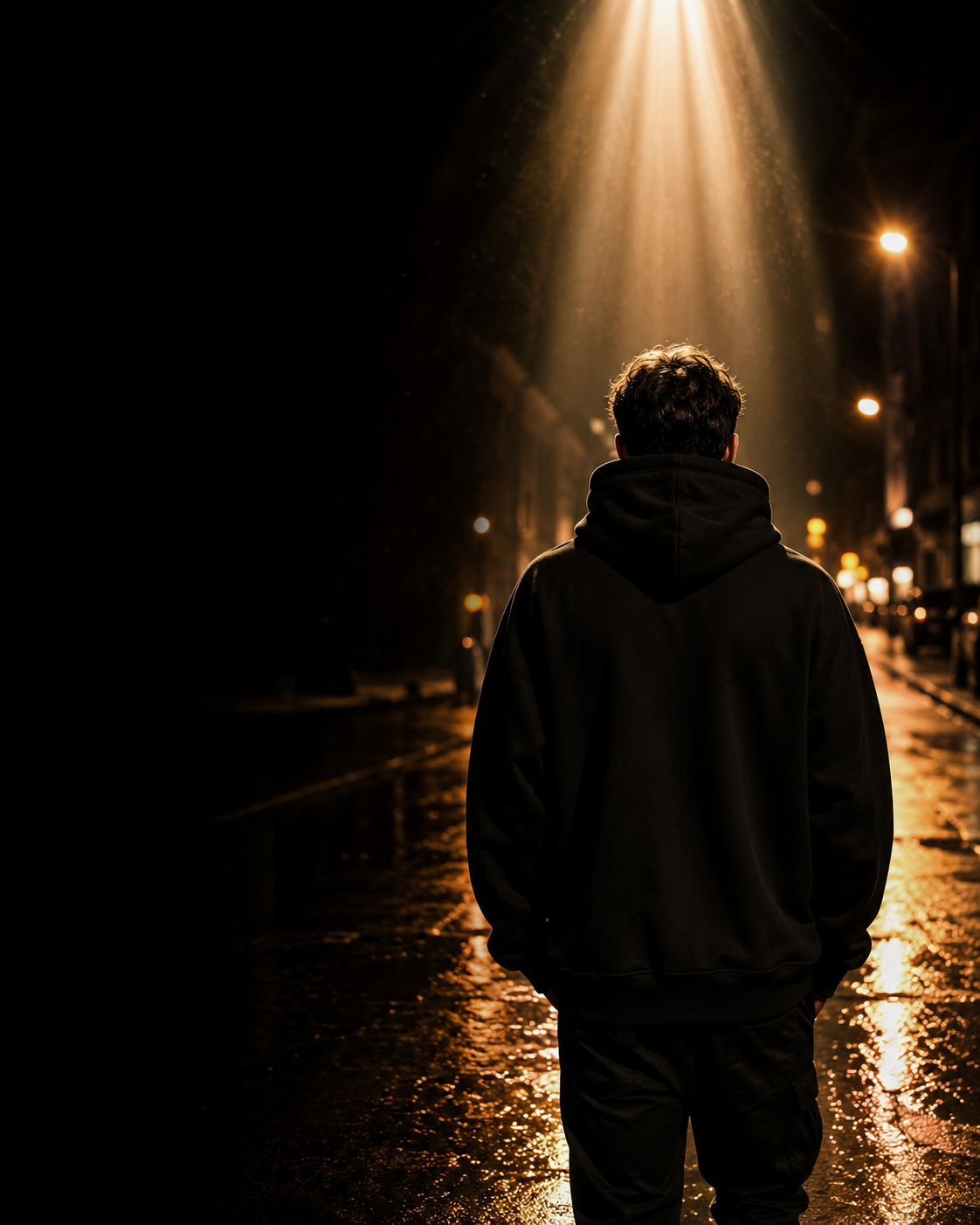 Person in schwarzem Hoodie unter warmem Licht in der Stadt
