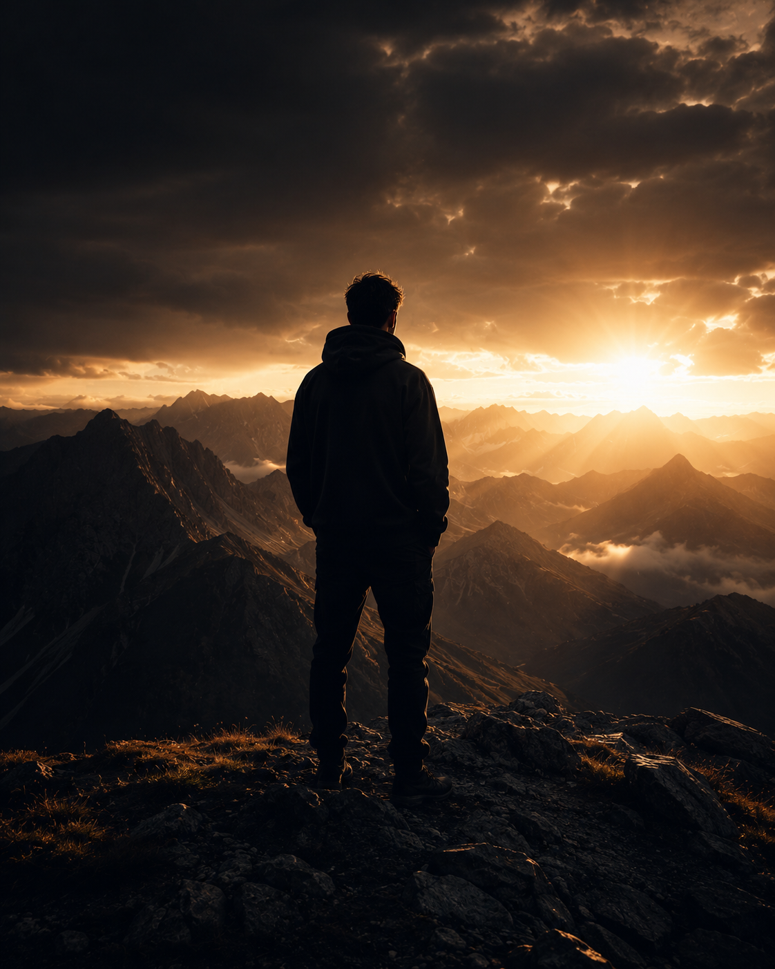 Person auf einem Berggipfel im goldenen Morgenlicht