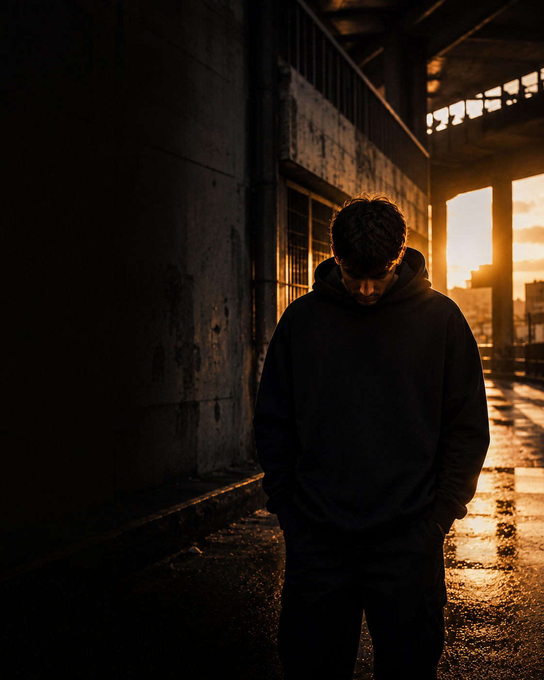 Junger Mann in schwarzem Hoodie in urbaner Architektur