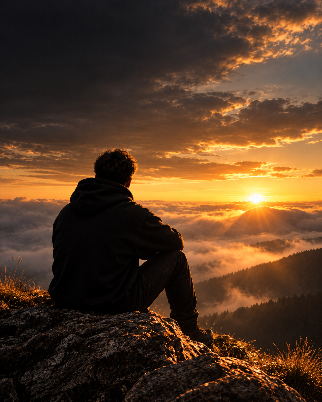 Person auf einem Felsen vor einem goldenen Horizont